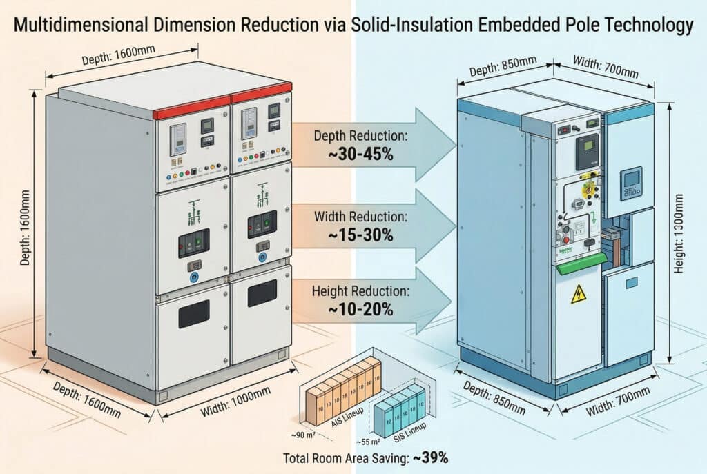 Um gráfico de visualização de dados multidimensional, baseado no contexto da imagem_4.png, comparando a redução da área ocupada por um painel de distribuição de média tensão com isolamento a ar convencional (AIS) versus um painel com isolamento sólido em poste embutido (SIS). Os gabinetes originais de exemplo são completamente substituídos por dois modelos recém-especificados: o gabinete AIS grande da imagem_6.png (à esquerda, com dimensões de Profundidade: 1600 mm, Largura: 1000 mm, Altura: 1600 mm) e o gabinete SIS compacto da imagem_7.png (à direita, com dimensões de Profundidade: 850 mm, Largura: 700 mm, Altura: 1300 mm). O gráfico destaca reduções tridimensionais específicas (Redução de profundidade: ~30-45%, Redução de largura: ~15-30%, Redução de altura: ~10-20%) e uma economia total acumulada na área do cômodo de ~39%. Os novos gabinetes estão perfeitamente integrados, com as linhas de dimensão apontando corretamente para suas bordas. Todas as etiquetas de texto e dados originais permanecem precisas.