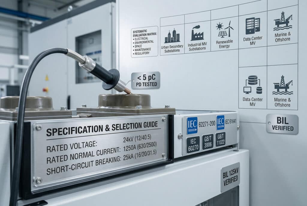 Uma visualização de guia técnico de um painel de comutador isolado sólido (SIS) de média tensão, apresentando um guia de especificação e seleção com texto gravado com precisão, incluindo tensão nominal, corrente e parâmetros de curto-circuito. Uma sonda de teste de descarga parcial (PD) e etiquetas associadas enfatizam o processo de verificação de qualidade para isolamento sem vazios, < 5 pC PD TESTED, e BIL 125kV VERIFIED. A matriz de fundo mostra diferentes cenários de aplicação com ícones limpos, como a cidade e a distribuição industrial de MT. Não há pessoas no enquadramento.
