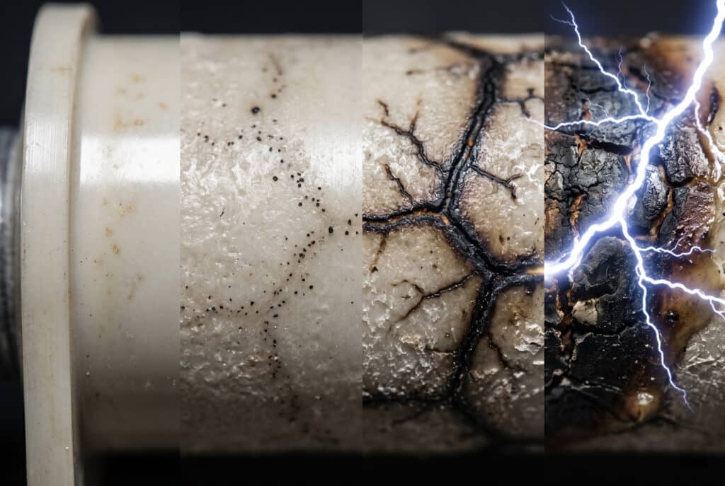 Microphotographie illustrant quatre étapes progressives de la dégradation d'une décharge partielle sur la surface d'un isolateur en résine moulée, depuis l'érosion chimique initiale jusqu'à l'embrasement électrique majeur et l'apparition d'un arc électrique.