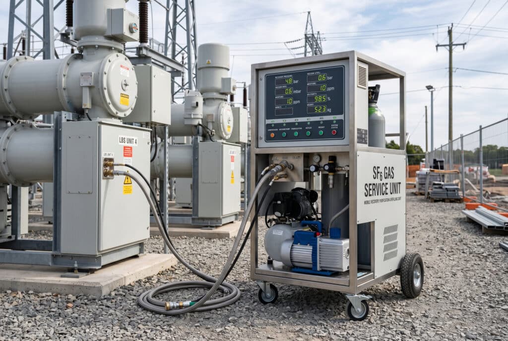 O fotografie detaliată a unui cărucior mobil de reumplere a gazului SF6, care prezintă componentele sale integrate, cum ar fi un compresor, o pompă de vid și un panou de control detaliat, în timp ce este conectat prin furtunuri la un comutator izolat cu gaz pentru gestionarea conformă a gazului pe un amplasament exterior de modernizare a rețelei.