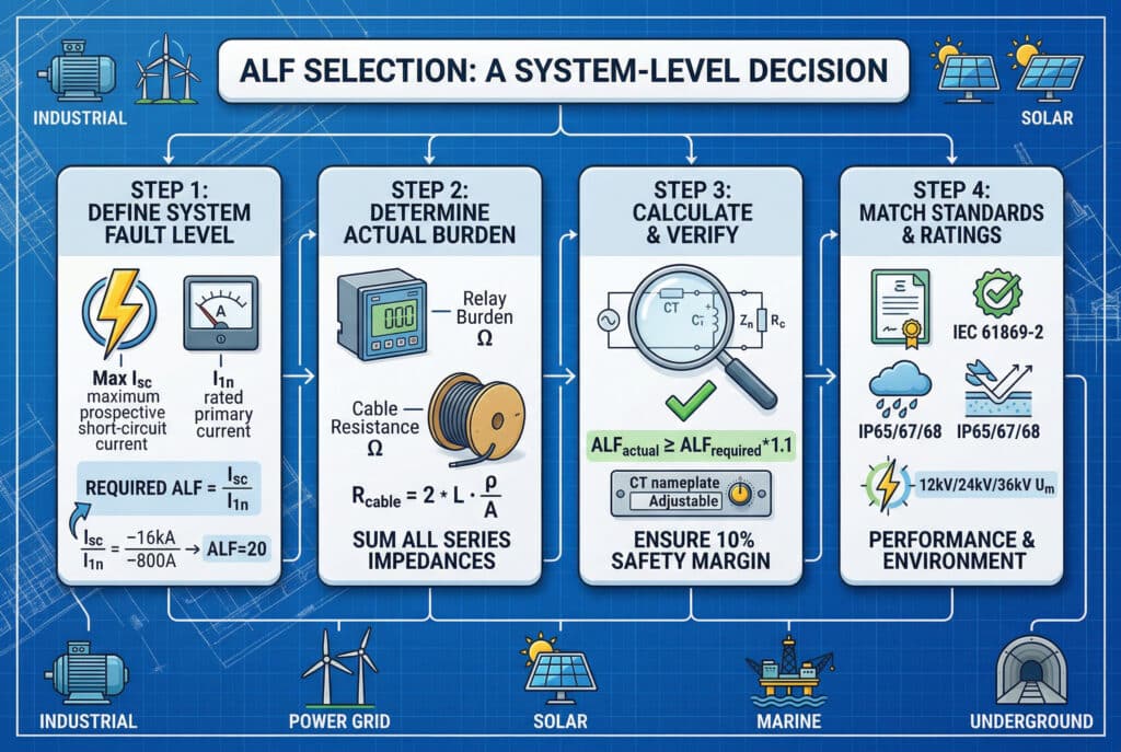A structured 3D infographic illustrating the sequential process of selecting the correct Accuracy Limit Factor (ALF) for a CT application. Four connected panels with distinct icons and labels represent the steps: define system fault level (Isc, I1n), calculate actual burden (Rrelay, Rcable, 2Lρ/A), calculate and verify Actual ALF (ALF_actual ≥ ALF_required * 1.1), and match standards and environmental ratings (IEC 61869-2, IP65/67/68, 12-36kV Um). Icons of application examples like a factory, wind turbine, solar panel, marine platform, and underground tunnel are included.