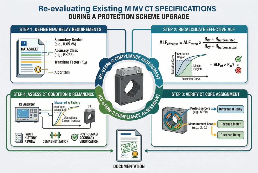 Structured four-step technical illustration for correctly re-evaluating Medium Voltage Current Transformers (CTs) for a protection scheme upgrade, including defining relay requirements (VA, PX/5P, Ktd), recalculating effective ALF with formula, verifying core assignment mapping for differential/measurement, and assessing CT condition and remanence with an excitation curve test (comparing measured vs. factory data) to ensure IEC 61869-2 compliance and safety sign-off. No horizontal splits. Modern engineering aesthetic.