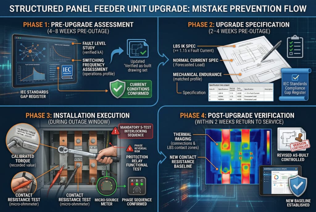 Профессиональная инженерная инфографика, иллюстрирующая структурированный поток проекта по модернизации фидерного узла щита среднего напряжения для предотвращения ошибок при проектировании и монтаже. Она визуализирует процесс на четырех этапах: оценка перед модернизацией, спецификация модернизации, выполнение монтажа и проверка после модернизации, используя точные наложения данных, проверенные списки и иллюстративные последовательности испытаний, чтобы подчеркнуть точный подход к предотвращению ошибок.