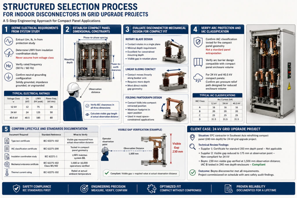 Structured engineering selection process for indoor disconnectors in grid upgrade projects, showing electrical requirements, compact panel dimensional checks, mechanism options, arc protection verification, visible gap measurement, and standards documentation.