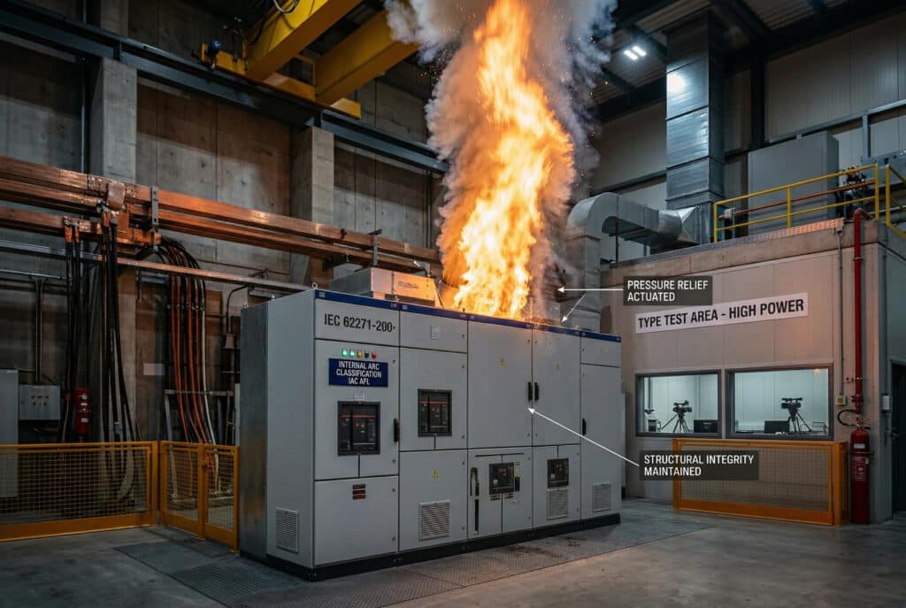 ภาพถ่ายทางเทคนิคของการทดสอบในห้องปฏิบัติการที่มีกำลังสูงบนแผงสวิตช์เกียร์แรงดันปานกลางตามมาตรฐาน IEC 62271-200 มีการจุดประกายอาร์คภายใน ทำให้เกิดเปลวไฟและก๊าซจำนวนมากถูกระบายขึ้นด้านบนอย่างปลอดภัยผ่านช่องระบายแรงดันที่เปิดใช้งาน ประตูด้านหน้าและด้านข้างยังคงปิดอย่างแน่นหนาและโครงสร้างไม่เสียหาย ตามที่ระบุในคำอธิบายและป้ายกำกับ แสดงให้เห็นถึงการผ่านการรับรองความปลอดภัย IAC AFL สำหรับการป้องกันบุคลากร.