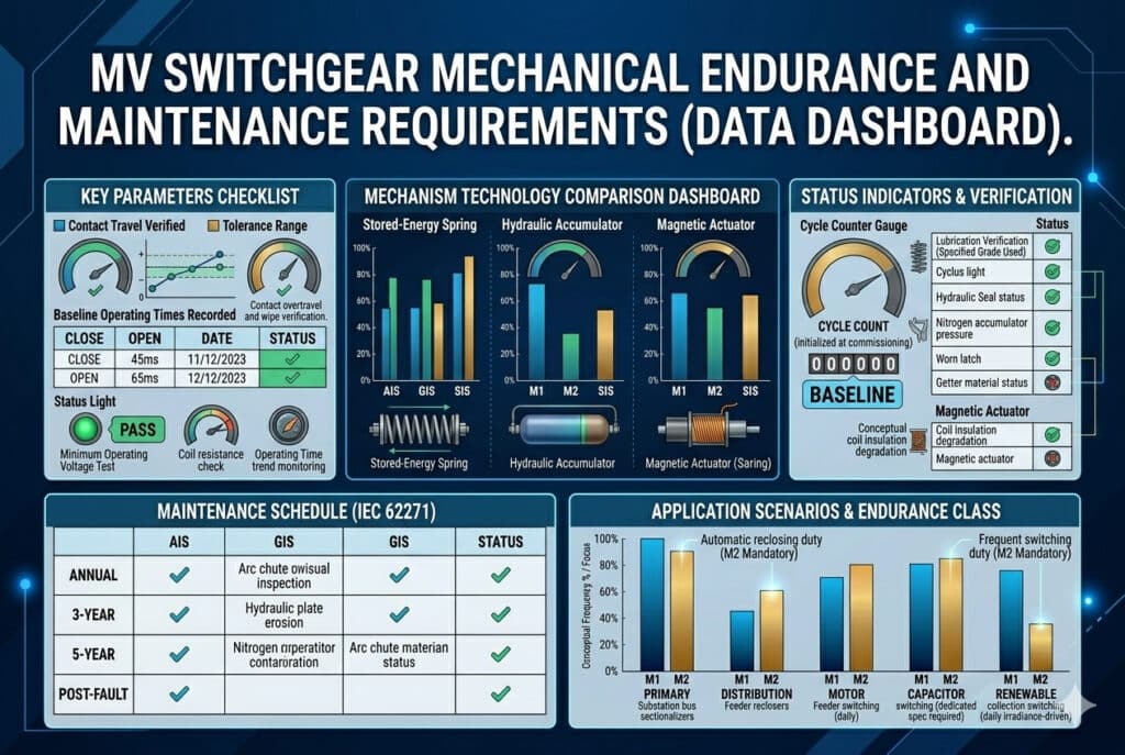 Một giao diện bảng điều khiển trực quan hóa dữ liệu hoàn toàn kỹ thuật số, tinh vi, có tên là "YÊU CẦU VỀ ĐỘ BỀN CƠ KHÍ VÀ BẢO TRÌ CỦA THIẾT BỊ ĐIỆN MV (BẢNG ĐIỀU KHIỂN DỮ LIỆU)." Phần trung tâm là một "BẢNG ĐIỀU KHIỂN SO SÁNH CÔNG NGHỆ CƠ CHẾ" lớn với các biểu đồ thanh dọc được nhóm lại và các đồng hồ đo khái niệm so sánh các cơ chế Lò xo tích trữ năng lượng, Bộ tích áp thủy lực và Bộ truyền động từ tính. Xung quanh bảng điều khiển trung tâm này, bốn bảng hiển thị dữ liệu kỹ thuật số được nhóm lại và sắp xếp riêng biệt. Bảng điều khiển góc trên bên trái (được đánh dấu là "DANH SÁCH KIỂM TRA THÔNG SỐ CHÍNH"): Biểu đồ đường cho "Khoảng di chuyển tiếp điểm đã xác minh" so với "Phạm vi dung sai" kèm các điểm dữ liệu cụ thể và dấu tick xanh; bảng dữ liệu cho "Thời gian hoạt động cơ sở đã ghi nhận" (Đóng 45ms, Mở 65ms, ngày, trạng thái); Mảng đèn trạng thái cho "Kiểm tra điện áp hoạt động tối thiểu (PASS)", "Kiểm tra điện trở cuộn dây (đo lường)", "Theo dõi xu hướng thời gian hoạt động". Bảng điều khiển trên cùng bên phải (có nhãn "CHỈ BÁO TRẠNG THÁI & XÁC MINH"): Một đồng hồ "SỐ LƯỢT HOẠT ĐỘNG" lớn được đặt về 0 (khởi tạo khi đưa vào vận hành) kèm chú thích "MỨC CƠ SỞ"; một bảng trạng thái kỹ thuật số rõ ràng và danh sách kiểm tra cho "Xác minh bôi trơn (sử dụng loại dầu theo quy định)", "Trạng thái phớt thủy lực", "Áp suất bình tích áp nitơ", "Trạng thái vật liệu hấp thụ"; một danh sách kiểm tra cho "Bộ truyền động từ tính" (suy giảm cách điện cuộn dây, trạng thái nam châm vĩnh cửu). Bảng điều khiển góc dưới bên trái (được ghi chú "LỊCH TRÌNH BẢO TRÌ (IEC 62271)": Cấu trúc bảng số liệu sạch sẽ cho các chu kỳ HÀNG NĂM, 3 NĂM, 5 NĂM, SAU SỰ CỐ trên các hệ thống AIS, GIS và SIS (được trích xuất từ dữ liệu văn bản). Bảng dưới cùng bên phải (có nhãn "KỊCH BẢN ỨNG DỤNG & LỚP ĐỘ BỀN"): Các biểu đồ thanh khái niệm được nhóm lại (tần suất khái niệm % / trục Y tập trung) so sánh M1 với M2 bắt buộc đối với "bộ phân đoạn bus CHÍNH", "bộ đóng lại đường cấp PHÂN PHỐI", "chuyển mạch đường cấp ĐỘNG CƠ (hàng ngày)", "Chuyển mạch TỤ điện (yêu cầu thông số kỹ thuật chuyên dụng)", "Chuyển mạch thu NĂNG LƯỢNG TÁI TẠO (dựa trên bức xạ hàng ngày)". Chú thích văn bản: "Nhiệm vụ đóng lại tự động (Bắt buộc M2)", "Nhiệm vụ chuyển mạch thường xuyên (Bắt buộc M2)". Toàn bộ bố cục có các điểm nhấn rực rỡ (màu xanh dương, xanh lá, cam, vàng) với các mẫu mạch tinh tế, tập trung hoàn toàn vào dữ liệu và phân tích mà không có cơ chế vật lý hay nhân vật. Tất cả văn bản đều được viết bằng tiếng Anh chính xác và rõ ràng.