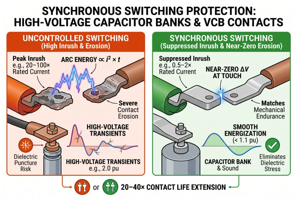 Una moderna infografía profesional ilustrativa que conceptualiza la comparación de los métodos de conmutación de baterías de condensadores de alta tensión: Sin control vs. Síncrono, sin caracteres. La composición se divide en dos paneles ilustrativos detallados debajo de un título principal: 'PROTECCIÓN DE CONMUTACIÓN SINCRÓNICA: BANCOS DE CAPACITADORES DE ALTA TENSIÓN Y CONTACTOS VCB'. El panel de la izquierda, titulado 'CONMUTACIÓN DESCONTROLADA (Alta irrupción y erosión)', ilustra el fallo dinámico: contactos VCB erosionados con un gran arco eléctrico caótico azul y morado etiquetado 'ENERGÍA DE ARCO $\propto i^2 \times t$' y un dieléctrico de condensador sometido a tensión con una onda gráfica que muestra pequeñas grietas visuales etiquetadas 'TRANSIENTES DE ALTA TENSIÓN, por ejemplo, 2,0 pu'. El texto señala los detalles: Pico de irrupción, p. ej., 20-100 veces la corriente nominal', 'Erosión de contacto grave'. El panel de la derecha, titulado 'CONMUTACIÓN SINCRÓNICA (irrupción suprimida y erosión casi nula)', visualiza una protección óptima: contactos VCB lisos con una pequeña chispa azul contenida etiquetada 'CERCA DE CERO $\Delta V$ AL TOQUE' y una suave onda gráfica etiquetada 'ENERGIZACIÓN SUAVE (< 1,1 pu)' sobre un dieléctrico de condensador sano, que ilustra cómo una protección óptima elimina la tensión dieléctrica. El texto señala los detalles: Inrush suprimido, p. ej., 0,5-2× corriente nominal', 'Iguala la resistencia mecánica'. Debajo de los paneles principales, una leyenda gráfica con iconos resume: PROLONGACIÓN DE LA VIDA ÚTIL DE LOS CONTACTOS'. Toda la composición utiliza un estilo vectorial limpio y profesional, con una codificación cromática clara, naranja/rojo para el riesgo y verde/azul para la seguridad, con terminología técnica correcta y sin datos ilegibles.