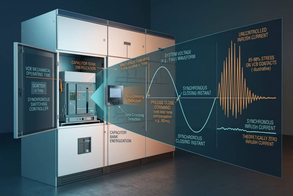 Ilustración técnica de conmutación síncrona para un interruptor automático de vacío (VCB) de alta tensión para interiores con un compartimento específico que muestra una comparación del controlador y el diagrama de temporización con una forma de onda de tensión perfecta, lo que demuestra una reducción drástica de la corriente de irrupción de energización de la batería de condensadores en comparación con la conmutación no controlada. Se integran etiquetas precisas para parámetros clave como 'SCATTER < 1ms'.
