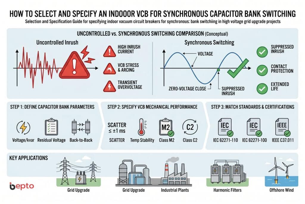 Una infografía técnica que sirve de guía visual para el proceso de selección y especificación de un VCB de interior para la conmutación síncrona de baterías de condensadores en proyectos de actualización de la red, combinada con una comparación entre ilustraciones conceptuales de conmutación síncrona y no síncrona. El claro estilo ilustrativo muestra una guía paso a paso sobre el Paso 1: definir parámetros, Paso 2: especificar el rendimiento mecánico del VCB (incluyendo valores dispersos específicos como ≤ ±1 ms), Paso 3: hacer coincidir normas y certificaciones (por ejemplo, IEC 62271, IEEE C37), junto con una comparación visual que demuestra cómo la conmutación síncrona elimina la irrupción caótica (precaución roja) para un cierre preciso y suave (éxito verde). A continuación se ilustran las principales aplicaciones. Todas las etiquetas y números ilustrativos utilizan terminología técnica genérica inglesa y china precisa. El logotipo de Bepto es visible.
