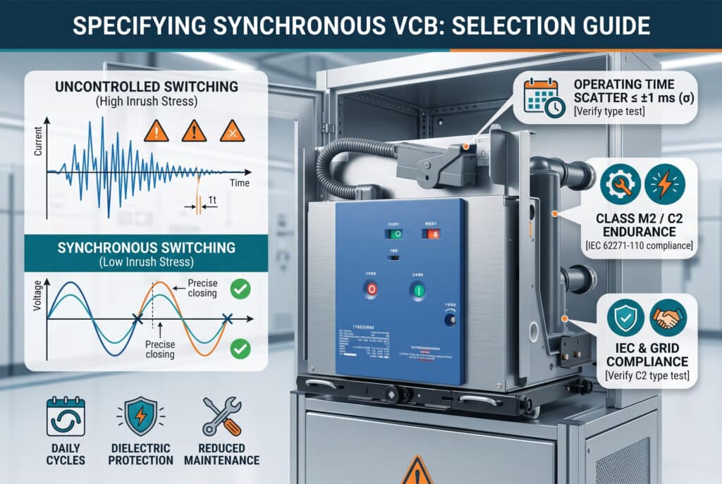 Una moderna infografía técnica profesional en un estilo ilustrativo limpio, que sirve como guía de selección para un disyuntor de vacío (VCB) de alta tensión para interiores diseñado para aplicaciones de conmutación de baterías de condensadores síncronas. Presenta una ilustraci髇 detallada de todo el VCB del tipo image_34.png, completo con su preciso carro de empuje, su detallado panel operativo azul con etiquetas precisas y铭牌 (incluidos todos los textos en chino e ingl閟), y la estructura superior superior con el logotipo de la maneta de accionamiento Bepto, todo ello montado dentro de un panel de aparamenta met醫ico. Los elementos grficos explican el proceso de decisin: 'CONMUTACIÓN SIN CONTROL (Alto esfuerzo de irrupción)' se compara con 'CIERRE SINCRÓNICO (Bajo esfuerzo de irrupción)', ilustrando cómo parámetros específicos como 'TIEMPO DE FUNCIONAMIENTO SCATTER ≤ ±1 ms (σ) [Verificar ensayo de tipo]' son esenciales. Otras indicaciones apuntan a parámetros como 'RESISTENCIA CLASE M2 / C2' y 'CUMPLIMIENTO DE LA NORMA IEC 62271-110 Y GRID'. Los iconos pequeños representan ciclos diarios específicos y objetivos de protección dieléctrica. Toda la composición está estructurada de forma lógica, resumiendo el proceso de decisión para los ingenieros de subestaciones.