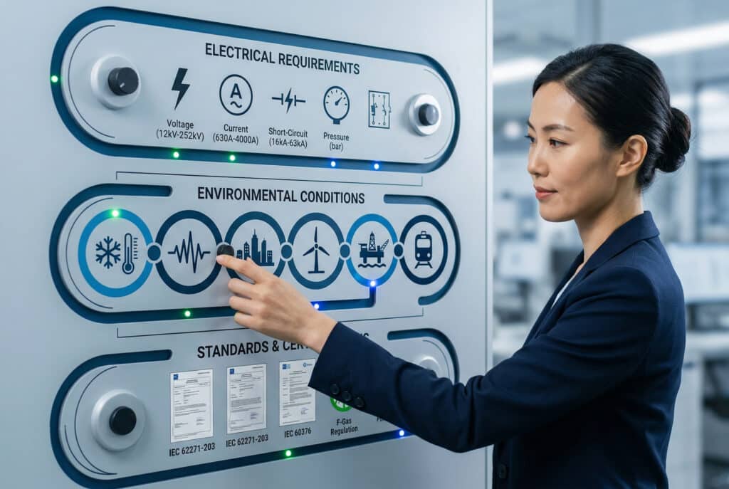 Una mujer profesional de Asia oriental, vestida con traje de negocios, señala un complejo panel de control interactivo en un laboratorio de I+D de alta tecnología. El panel está segmentado en distintas rutas conceptuales etiquetadas con encabezamientos de 'REQUISITOS ELÉCTRICOS', 'CONDICIONES AMBIENTALES' y 'NORMAS Y CERTIFICACIONES' (con ligeras faltas de ortografía), todo ello decorado con diversos iconos, mandos e interfaces digitales sutiles. La composición ilustra un momento crítico de toma de decisiones en un complejo proceso de especificación de ingeniería de sistemas.
