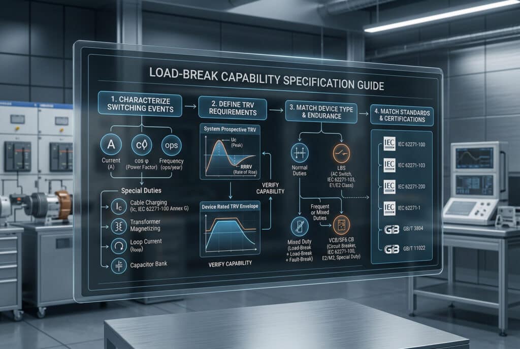 Наглядное руководство по спецификации в виде блок-схемы с интерактивной визуализацией данных, разбивающее процесс корректного определения возможности отключения нагрузки на четыре этапа: определение характеристик коммутационных событий, определение требований к ТРВ, подбор типа устройства и класса выносливости, а также выбор правильных стандартов IEC и GB для соответствия требованиям. Изображение содержит ссылки на конкретные стандарты (IEC 62271-100, -103 и т. д.) и наглядные формы сигналов.