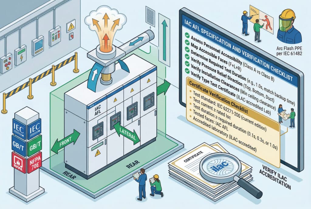 ภาพประกอบเชิงเทคนิคแบบไอโซเมตริก 3 มิติที่ครอบคลุมและแผนผังระบบอย่างเป็นระบบ แสดงรายการตรวจสอบสำหรับการระบุและตรวจสอบข้อกำหนด Internal Arc Classification (IAC) สำหรับสายเคเบิล AFL ในการติดตั้งอุปกรณ์สวิตช์เกียร์แรงดันปานกลางแสดงกระบวนการประเมินอย่างเป็นระบบ รวมถึงการทำแผนที่และการจำแนกโซนการเข้าถึง (Class A กับ B, F+L+R) การกำหนดระยะเวลาทดสอบที่จำเป็น (0.1 วินาที, 0.3 วินาที, 1.0 วินาที) ให้สอดคล้องกับเวลาการเคลียร์สำรอง การตรวจสอบทิศทางและการเว้นระยะห่างของทางระบายแรงดัน (ด้านบน, ด้านล่าง, ท่อ) และการตรวจสอบใบรับรองการทดสอบประเภท IAC อย่างละเอียดตามมาตรฐานเช่น IEC 62271-200, ตรวจสอบกระแสลัดวงจร, ทดสอบหน้าสัมผัส (IAC AFL), และสถานะห้องปฏิบัติการที่ได้รับการรับรองจาก ILAC. องค์ประกอบการเรียกใช้งานแบบบูรณาการแสดงการประเมินบุคลากรและบทบาทของอุปกรณ์ป้องกันส่วนบุคคลจากไฟฟ้าลัดวงจร.