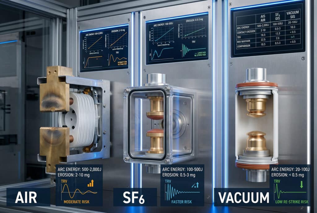 Техническое сравнительное изображение, на котором показаны уровни энергии дуги, эрозии контактов и переходного напряжения восстановления (TRV) среди технологий воздушных, SF6 и вакуумных распределительных устройств во время операций отключения нагрузки.