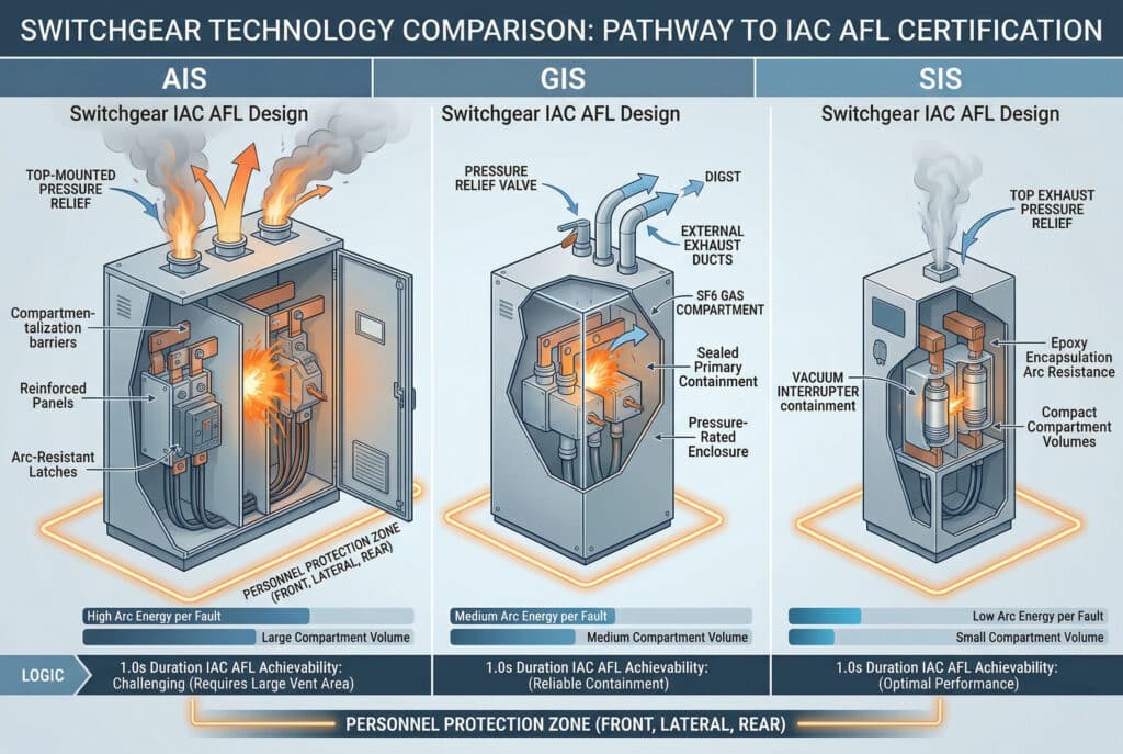 แผนภาพทางเทคนิคที่เปรียบเทียบเทคโนโลยีสวิตช์เกียร์ AIS, GIS และ SIS และเส้นทางของแต่ละเทคโนโลยีในการบรรลุการรับรอง IAC AFL (Internal Arc Classification Front, Lateral, and Rear) แผนภาพประกอบด้วยภาพแสดงผลแบบสามแผง แต่ละแผง (ระบุเป็น AIS, GIS, SIS) แสดงภาพตัดขวางของเหตุการณ์อาร์กภายใน พร้อมลูกศรแสดงทิศทางและป้ายกำกับกล่องแสดงข้อมูลและแถบข้อมูลที่ผสานรวมไว้ให้รายละเอียดเกี่ยวกับคุณลักษณะการออกแบบและพารามิเตอร์ต่างๆ ส่วน AIS เน้นพลังงานโค้งสูงและการแบ่งส่วนภายในด้วยปล่องไอเสียขนาดใหญ่ที่ติดตั้งด้านบน ส่วน GIS แสดงการบรรจุ SF6 แบบปิดผนึกพร้อมวาล์วระบายแรงดันและท่อที่ติดตั้งจากโรงงานสำหรับไอเสียภายนอก ส่วน SIS แสดงการออกแบบที่หุ้มด้วยอีพ็อกซี่ขนาดกะทัดรัดพร้อมตัวตัดวงจรสุญญากาศ ปริมาตรที่กะทัดรัด และปล่องไอเสียขนาดเล็กที่ระบายขึ้นด้านบนจากช่องระบายด้านบนแบนเนอร์ส่วนท้ายที่แชร์ร่วมกันเน้น "เขตป้องกันบุคลากร (ด้านหน้า ด้านข้าง ด้านหลัง)" สำหรับทั้งสามรายการ ยืนยันการรับรอง AFL รูปแบบเป็นอินโฟกราฟิกแดชบอร์ดดิจิทัลสมัยใหม่ ใช้ชุดสีน้ำเงิน ส้ม และเทา พร้อมตัวอักษรที่ชัดเจน ไม่มีภาพถ่าย.