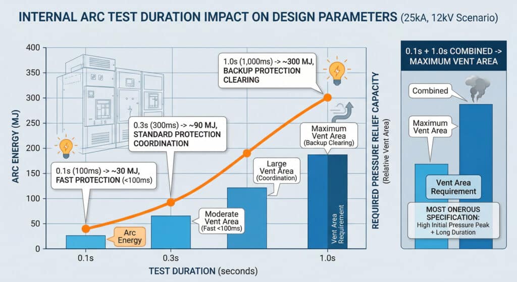 แผนภูมิการแสดงข้อมูลหลายแกนที่มีชื่อว่า "ผลกระทบของระยะเวลาการทดสอบอาร์คภายในต่อพารามิเตอร์การออกแบบ (สถานการณ์ 25kA, 12kV)"แผนภูมิแสดง "พลังงานโค้ง (MJ)" และ "ความสามารถในการระบายความดันที่ต้องการ (พื้นที่ระบายอากาศสัมพัทธ์)" เทียบกับ "ระยะเวลาทดสอบ (วินาที)" โดยมีจุดที่ทำเครื่องหมายไว้ที่ 0.1 วินาที, 0.3 วินาที และ 1.0 วินาที แผนภูมินี้มีเส้นโค้งแบบไดนามิกและแถบขยายข้อมูลเฉพาะที่เน้น: 0.1 วินาที (100 มิลลิวินาที) -> ~30 MJ -> พื้นที่ระบายอากาศปานกลาง; 0.3 วินาที (300 มิลลิวินาที) -> ~90 MJ -> พื้นที่ระบายอากาศขนาดใหญ่; 1.0 วินาที (1,000 มิลลิวินาที) -> ~300 MJ -> พื้นที่ระบายอากาศสูงสุดตราสัญลักษณ์พิเศษแบบบูรณาการสำหรับ "0.1 วินาที + 1.0 วินาที รวมกัน" แสดงถึง "พื้นที่ระบายอากาศสูงสุด" ซึ่งเป็นข้อกำหนดที่เข้มงวดที่สุด รูปแบบเป็นอินโฟกราฟิกแดชบอร์ดดิจิทัลสมัยใหม่ ใช้โทนสีน้ำเงิน ส้ม และเทา พร้อมตัวอักษรที่ชัดเจน ไม่มีภาพถ่าย.