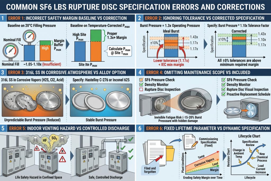 A detailed technical infographic in a 3:2 aspect ratio, presented as a single image with six numbered panels, illustrating common SF6 LBS rupture disc specification errors and their engineering corrections. The visualization contrasts "Error" versus "Correction" for each point: Error 1 (Incorrect Safety Margin Baseline vs Temperature-Corrected Pmax), Error 2 (Ignoring Tolerance vs Corrected Specification), Error 3 (Standard Stainless Steel vs Corrosion-Resistant Alloys in industrial plant atmospheres), Error 4 (Omitted vs Included Maintenance Scope), Error 5 (Indoor Venting Hazard vs Controlled Discharge), and Error 6 (Fixed vs Dynamic Lifetime Specification Review). All formulaic concepts and technical terms are accurately visualized.