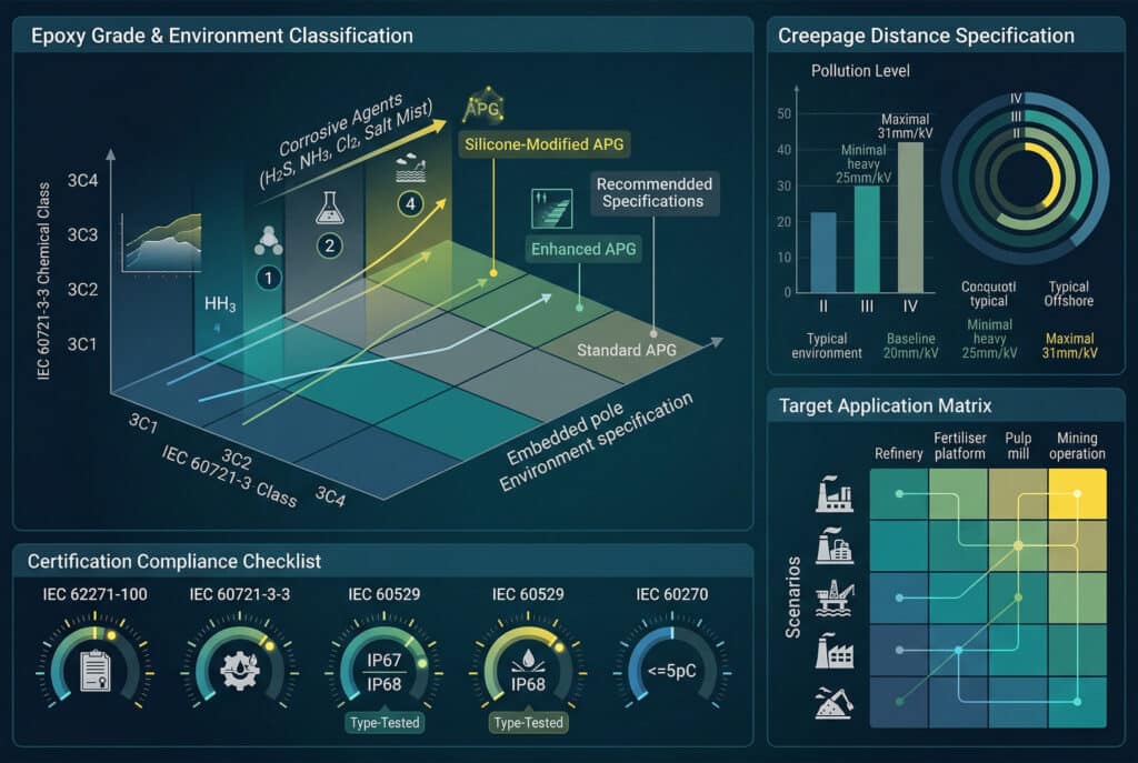多面板技術選擇資料儀表板，說明在腐蝕性工業環境中指定固體絕緣嵌入式電極的流程。它可視化環氧等級與 IEC 環境分類的選擇邏輯、指定污染等級的爬電距離、提供認證符合性檢查清單，並建議應用情境 - 所有這些都以資料和技術規格為基礎。.
