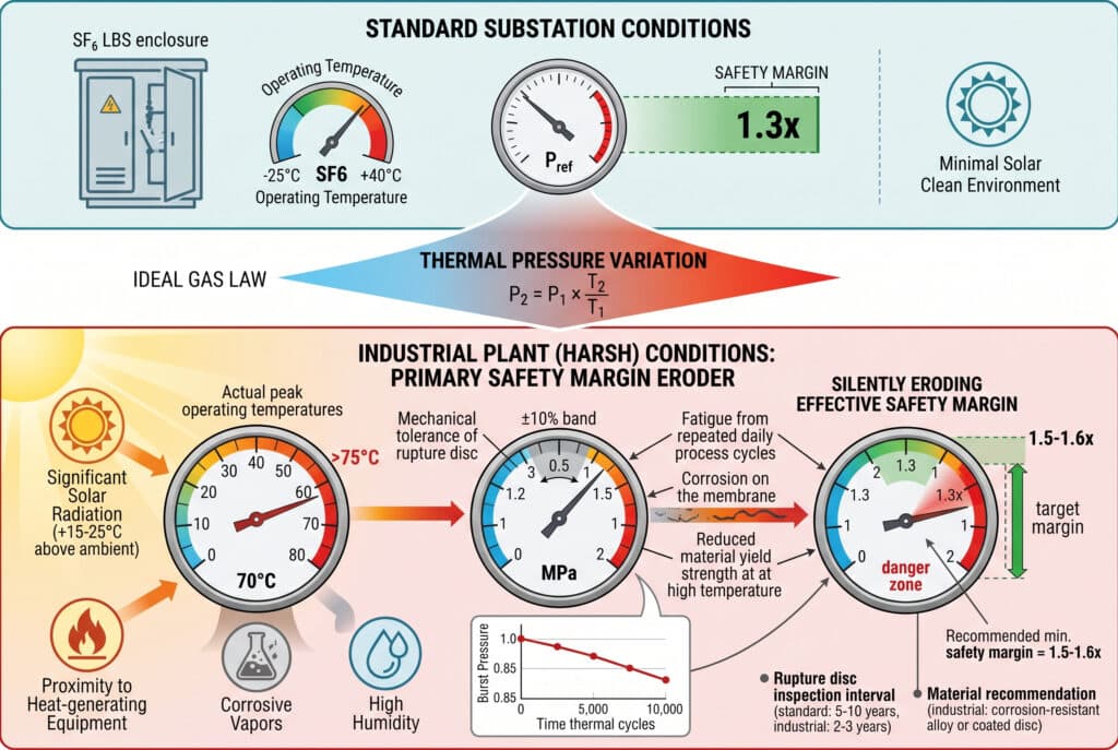 Technical visualization illustrating how harsh industrial environments and gas dynamics silently erode the effective safety margin of SF6 rupture discs in load break switches (LBS), contrasting reference standard substation conditions with real-world operating environments where solar radiation, proximity to heat-generating equipment, corrosion, and fatigue compound to reduce available headroom before the disc activation threshold.