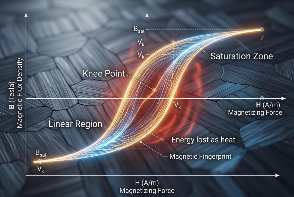 A stylized macro photograph of a Current Transformer core material showing interwoven magnetic domains. Superimposed is a glowing complete B-H magnetization curve and hysteresis loop, representing the "magnetic fingerprint." It highlights the linear, knee point, and saturation zones, and illustrates heat loss from hysteresis.