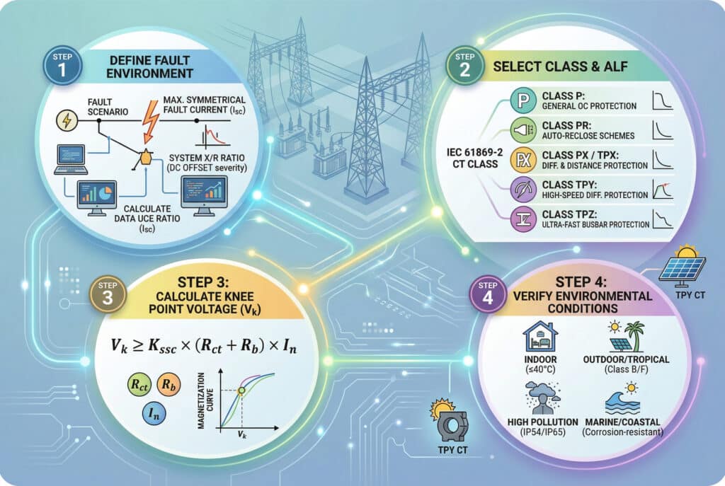 Ini adalah infografis teknis yang komprehensif, disusun secara profesional dalam rasio aspek 3:2, yang merinci proses sistematis dalam memilih trafo arus (CT) yang tepat untuk mencegah kejenuhan. Grafik ini disusun dalam empat panel yang saling terhubung dengan latar belakang jaringan gardu induk dan pola sirkuit: LANGKAH 1: TENTUKAN LINGKUNGAN GANGGUAN dengan visualisasi arus gangguan dan rasio X/R sistem; LANGKAH 2: PILIH KELAS & ALF yang menunjukkan kelas CT yang berbeda dengan kurva karakteristik untuk aplikasi tertentu, termasuk TPY Kelas yang disorot untuk perlindungan diferensial berkecepatan tinggi; LANGKAH 3: HITUNG TEGANGAN TITIK LUTUT (Vk) yang menampilkan rumus penghindaran saturasi fundamental dan kurva magnetisasi dengan titik lutut yang ditandai; dan LANGKAH 4: VERIFIKASI KONDISI LINGKUNGAN dengan ikon untuk skenario dalam ruangan, luar ruangan (tropis), polusi tinggi, dan laut/pesisir, termasuk ikon pembangkit listrik tenaga surya yang halus. Teks yang profesional, mudah dibaca, dan 100% benar dalam bahasa Inggris, menggunakan gaya seni infografis yang bersih.