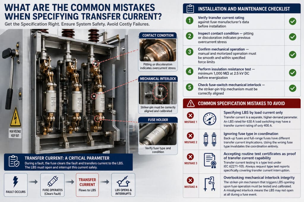 Infografik zur technischen Wartung, die die Kontakte von Lasttrennschaltern für Innenräume, Sicherungshalter, die Ausrichtung mechanischer Verriegelungen und die wichtigsten Fehler bei der Auswahl von Übertragungsstromstärken zeigt, die zu vermeiden sind.