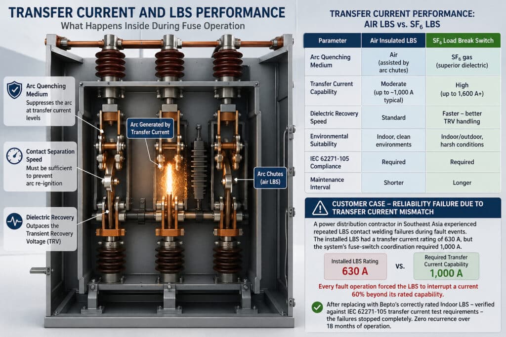 Technische Infografik, die zeigt, wie sich der Übertragungsstrom auf die Leistung von Lasttrennschaltern auswirkt, mit einem Schnitt durch einen Innen-LBS, einem Lichtbogenlöschverfahren, einem Vergleich zwischen Luft-LBS und SF6-LBS sowie einem Fehlerfall bei einer Fehlanpassung des Übertragungsstroms.
