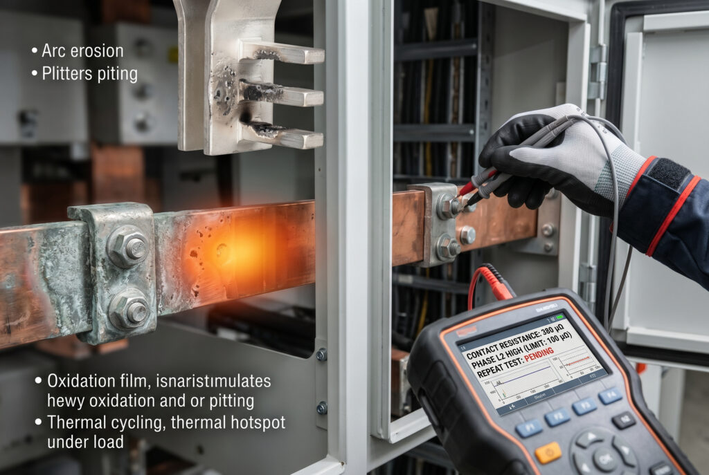 Un primer plano compuesto técnicamente detallado del interior de un cuadro de distribución de media tensión abierto, que identifica visualmente múltiples fallos comunes de resistencia de contacto (oxidación, erosión, puntos calientes térmicos) y muestra una medición de diagnóstico en curso con lecturas digitales claras.