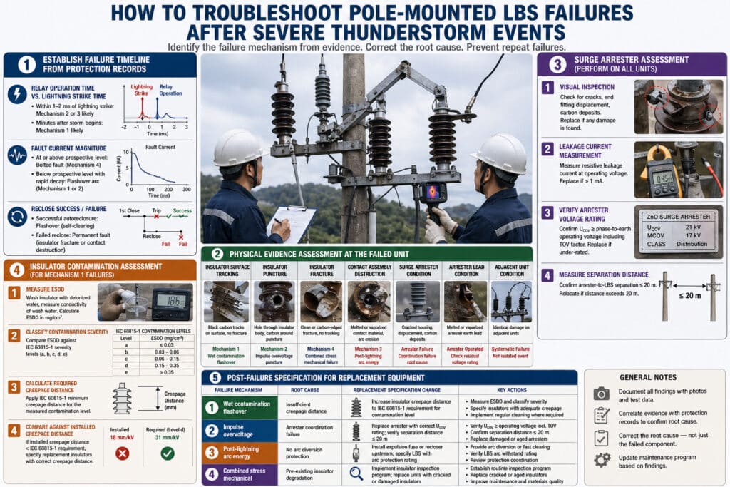Процесс устранения неисправностей после грозы при отказе выключателя нагрузки на столбе, показывающий анализ временной шкалы реле, осмотр физических повреждений, оценку ОПН, тестирование на загрязнение и принятие решений о спецификации замены.