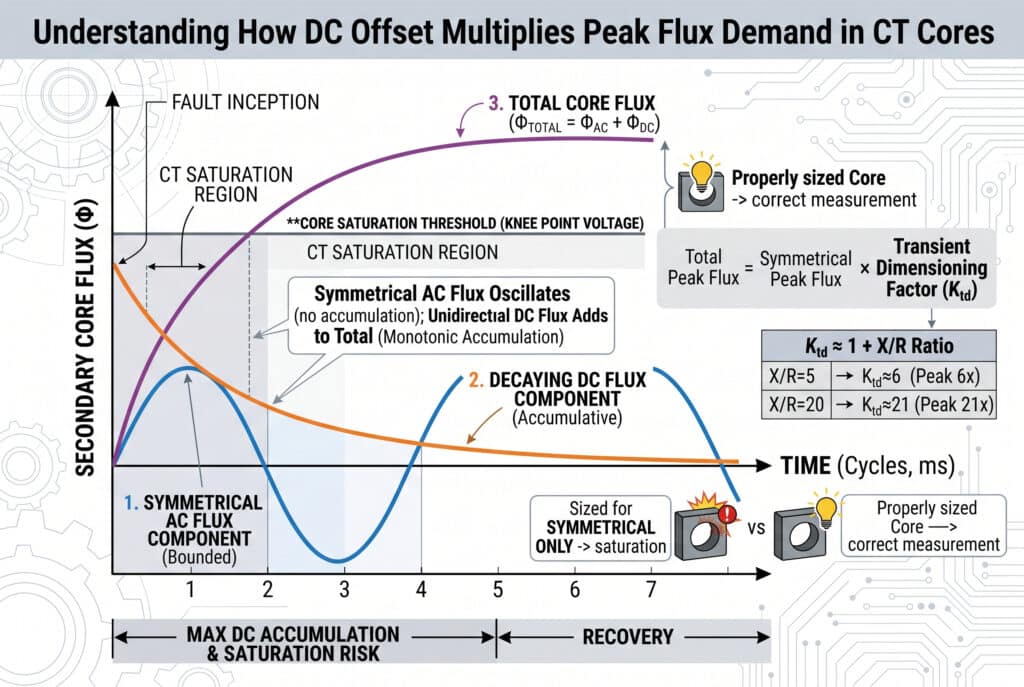 An engineering infographic diagram illustrating the mechanism of CT core flux accumulation over time following a fault inception. It shows the synergistic effect where the symmetrical AC flux component oscillates within bounded limits, but the unidirectional, decaying DC offset component cumulatively adds flux, driving the total core flux exponentially higher than the symmetrical component alone. The visualization details the total flux curve crossing the core's saturation threshold within the first cycle, demonstrating why high X/R ratios require significantly larger cores with higher Knee Point Voltage. Includes simplified formulas like K_{td} ≈ 1 + X/R and comparisons for different X/R values and core types, and a timeline marking max saturation risk.
