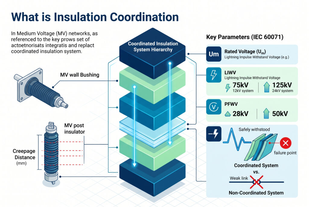 Eine technische Infografik zur visuellen Erläuterung der Isolationskoordination, die eine vertikale Hierarchie der Widerstandsstufen, Beispiele für Mittelspannungszubehör (Durchführungen, Isolatoren) und Definitionen von Schlüsselparametern wie LIWV, PFWV und Kriechstrecke zeigt.