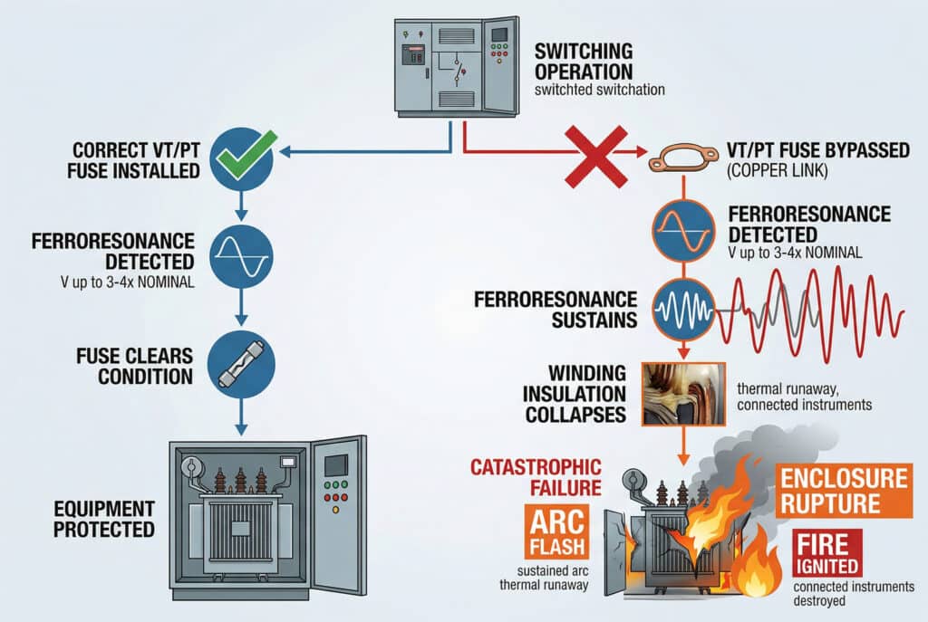 Eine technische Infografik im Stil einer sauberen, professionellen Datenvisualisierung, die die Schutzfunktionen einer Spannungswandlersicherung (VT/PT) mit denen eines überbrückten Sicherungseinsatzes vergleicht. Die Komposition ist ein Prozessflussdiagramm, das mit klaren englischen Beschriftungen und technischen Symbolen sequentiell angeordnet ist, in einem industriellen Schaltanlagenkontext, in dem keine Menschen anwesend sind. Der obere Teil zeigt einen Ausgangspunkt mit einer stilisierten Industrietafel und dem Text 'SWITCHING OPERATION' (Schaltbetrieb). Darunter teilt sich der Pfad: links steht 'CORRECT VT/PT FUSE INSTALLED' (RICHTIGE VT/PT-SICHERUNG INSTALLIERT) mit einem grünen Häkchensymbol, und rechts steht 'VT/PT FUSE BYPASSED (COPPER LINK)' (VT/PT-SICHERUNG DURCHGEFÜHRT (KUPFERVERBINDUNG)) mit einem großen roten X-Symbol über einem einfachen Kupferdrahtanschluss. Ein konzeptuelles Wellensymbol für 'FERRORESONANCE DETECTED' (mit dem Text 'V up to 3-4x NOMINAL') ist in beiden Pfaden vorhanden, aber auf dem rechten Pfad deutlich größer und unregelmäßiger. Der linke Pfad zeigt eine Sequenz: 'FUSE CLEARS CONDITION' (Symbol einer durchgebrannten Sicherung), die zu 'EQUIPMENT PROTECTED' führt (Bild eines sauberen Transformators in einer Schalttafel). Der rechte Pfad zeigt: FERRORESONANCE SUSTAINS' (sehr große, unkontrollierte Schwingungswellen), dann 'WINDING INSULATION COLLAPSES' (Bild einer schmelzenden/brechenden Isolierung), was zu 'CATASTROPHIC FAILURE' führt (Bild eines brechenden Transformators, Feuer, Rauch und große Aufrufe für 'ARC FLASH', 'ENCLOSURE RUPTURE', 'FIRE IGNITED'). Technische Details wie 'anhaltender Lichtbogen', 'thermischer Durchschlag' und 'angeschlossene Geräte zerstört' sind ebenfalls enthalten. Die Gesamtästhetik ist professionell, modern und verbindlich, wobei Blau-, Rot- und Orangetöne zur Betonung verwendet werden.