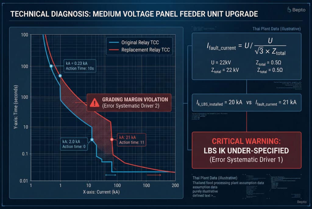 Панель технической диагностики, на которой сравнивается расчет теоретического уровня повреждения с указанным номиналом LBS ($I_{fault\_current} = 21\text{kA}$ против $I_{k\_LBS\_installed} = 20\text{kA}$) и на графике ТСС показано нарушение градации. Она служит в качестве визуального диагностического инструмента для выявления нестандартного оборудования и неправильной координации защиты при модернизации щита среднего напряжения.
