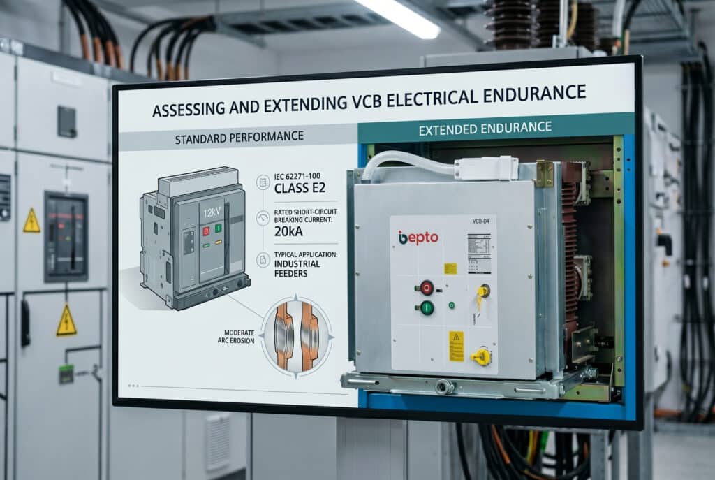 2つの12kV高圧真空サーキットブレーカを3：2の比率で比較した技術インフォグラフィック。左側には「STANDARD PERFORMANCE」と表示されたVCB図があり、定格遮断電流が20kAで、接点が中程度の侵食を示す産業用フィーダなどの用途を含む「IEC 62271-100 CLASS E2」の特徴が示されている。右側の「EXTENDED ENDURANCE」とラベル付けされた別のVCB図には、定格遮断電流31.5kA、系統変電所やモーター制御などの用途を含む「IEC 62271-100 CLASS E3」の特徴が示されており、高い耐浸食性と最小限の材料損失を備えた特殊な接点が強調されています。技術的なアイコン、データライン、明確で専門的な英語のテキストがコンセプトを定義しています。背景はぼかした工業用開閉器。人物は登場しません。スペルはすべて正しい。.