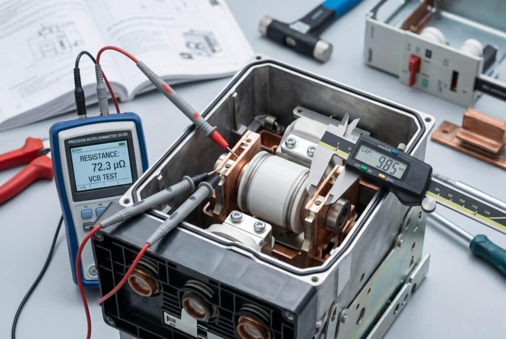 デジタルマイクロオームメーターで抵抗値を、ノギスでコンタクトギャップの測定値を示すなど、精密な測定ツールを使用して、真空サーキットブレーカーの中電圧真空遮断器を部分的に分解した詳細な技術マクロ写真。ラベルとツール表示は正確な英語です。文字はありません。.