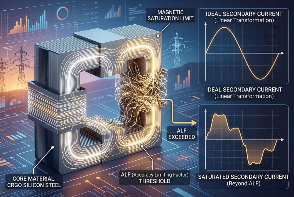 This illustration shows the inner workings of a magnetic core when the Accuracy Limiting Factor (ALF) is exceeded, causing magnetic saturation.