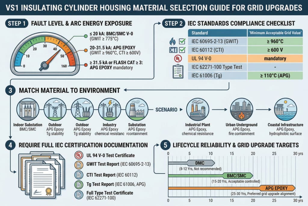 在工業實驗室環境中，比較兩種類型的 VS1 絕緣鋼瓶外殼及其性能數據的技術可視化圖像，在排列上沒有水平分割、並排或左右佈局。左側以 'APG EPOXY RESIN (PREEFERRED) '為主題，並配有精密設計的實心封裝氣缸的特寫。它包括一個客戶故事的文字覆蓋：「GRID UPGRADE SUITABILITY: ✔ Preferred」、「ARC FAULT SIMULATION: ZERO FLAME PROPAGATION」、「HIGH FAULT LEVEL (25 kA)」和「Extreme TEMP OPERATION (Peak 48°C)」。右側有 'BMC (HALOGENATED FR - STANDARD) '和傳統的 BMC 外殼 VS1 圓筒。它包括文字覆蓋：'GRID UPGRADE SUITABILITY: ✔ Acceptable'、'ARC CONTACT：自熄'、「標準應用」。中央有一個大型雷達圖，比較材料對照表中的指標：「絕緣強度 (kV/mm)」、「ARC 阻抗 (ASTM D495 sec)」、「CTI (IEC 60112 V)」和「Tg (IEC 61006 °C)」。兩種材料的數據線都清楚地繪出，APG 的數據線明顯較高。圖表附近的文字強調「VS1 渦輪外殼材料效能比較」。背景是乾淨的工業測試實驗室，裡面有複雜的測試設備、電路圖樣和金屬顏色。專業的燈光與高度的細節。所有文字均使用乾淨、正確的英文。著重於功能說明。整個圖像具有高科技資訊圖形的風格。UI 排列中沒有水平分割、並排或左右佈局。圖片為工程插圖，總結選型指南與材料比較。.