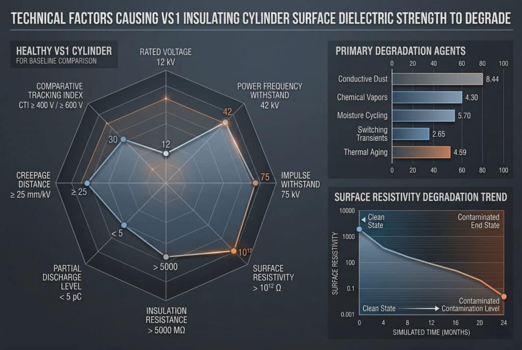 Panneau de visualisation de données complexes présentant plusieurs graphiques synchronisés dans une composition verticale 3:2, analysant les facteurs techniques et les agents de dégradation affectant la rigidité diélectrique de la surface des cylindres isolants VS1. À gauche, un grand diagramme radar affiche les paramètres techniques optimaux pour un "CYLINDRE VS1 EN BONNE SANTÉ" (tension nominale de 12 kV, résistance à la fréquence d'alimentation de 42 kV, résistance aux impulsions de 75 kV, résistivité de surface > 10¹² Ω, résistance d'isolation > 5000 MΩ, niveau de décharge partielle < 5 pC, distance de fuite ≥ 25 mm/kV, indice de suivi comparatif CTI ≥ 400 V / ≥ 600 V). Sur la droite, un diagramme à barres énumère les "AGENTS DE DÉGRADATION PRIMAIRES" avec leurs impacts relatifs, et un graphique de tendance détaille la "TENDANCE DE DÉGRADATION DE LA RÉSISTIVITÉ DE SURFACE" sur le temps simulé en mois et le niveau d'accumulation de la contamination. Le style est celui d'une visualisation technique parfaite au pixel près, avec une palette de couleurs gris foncé et bleu, rehaussée par de subtils accents orange et blancs, avec des étiquettes, des chiffres et des points de données clairs, et des effets de lumière qui suggèrent la profondeur. Aucune personne n'est présente.
