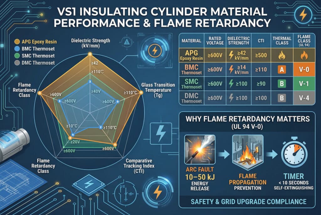 一份全面的資訊圖表，比較 VS1 絕緣圓筒材料 (APG 環氧樹脂、BMC、SMC 和 DMC 熱固體) 在 12 kV 電網升級應用中的各項關鍵性能參數。它以雷達圖和詳細的資料表為特色，比較介電強度、耐熱等級、比較追蹤指數 (CTI) 和阻燃等級 (UL 94) 等指標。一個特定的視覺部分解釋了為什麼 UL 94 V-0 規範對於防止火焰傳播以及在重大故障電弧能量釋放後 10 秒內實現自熄、確保開關設備的可靠性和安全性是非常重要的。.