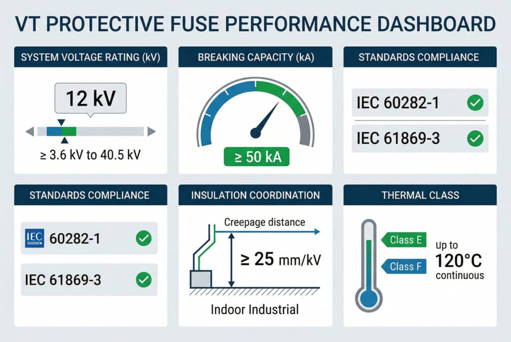 Ein modernes technisches Dashboard zur Visualisierung der wichtigsten Leistungsspezifikationen für eine Spannungswandler-Schutzsicherung auf der Grundlage von Textdaten. Es enthält Datenpunkte für Netzspannung, Ausschaltvermögen, Normenkonformität, Isolationskoordination und Wärmeklasse, ohne eine physische Sicherung darzustellen.