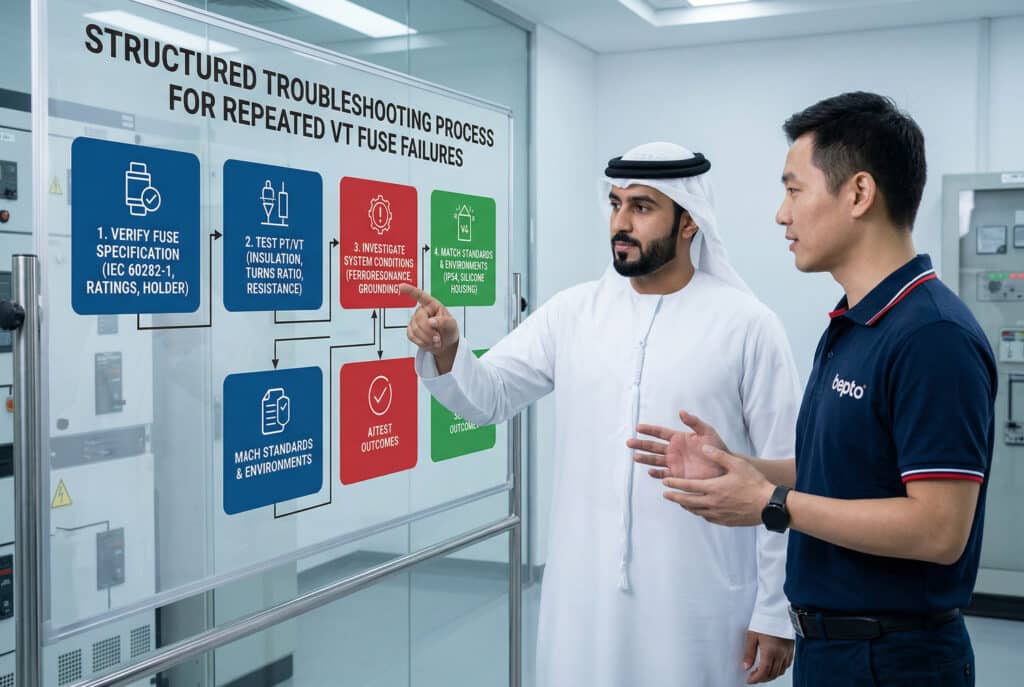 Ein professioneller Bepto-Servicetechniker mit ostasiatischen Merkmalen erklärt einem aufmerksamen Kunden mit Merkmalen des Nahen Ostens einen strukturierten Prozess zur Fehlersuche bei wiederholten PT/VT-Sicherungsausfällen, indem er in einer technischen Schulung auf den Schritt 'Systembedingungen untersuchen' in einem detaillierten Flussdiagramm verweist. Das Flussdiagramm enthält genaue Verweise auf Normen und technische Prüfungen, wie z. B. 'Verify Fuse Specification (IEC 60282-1)' und 'Test PT/VT'. Die Szene ist professionell und aussagekräftig, da das Flussdiagramm in Blau-, Rot- und Grüntönen gehalten ist.