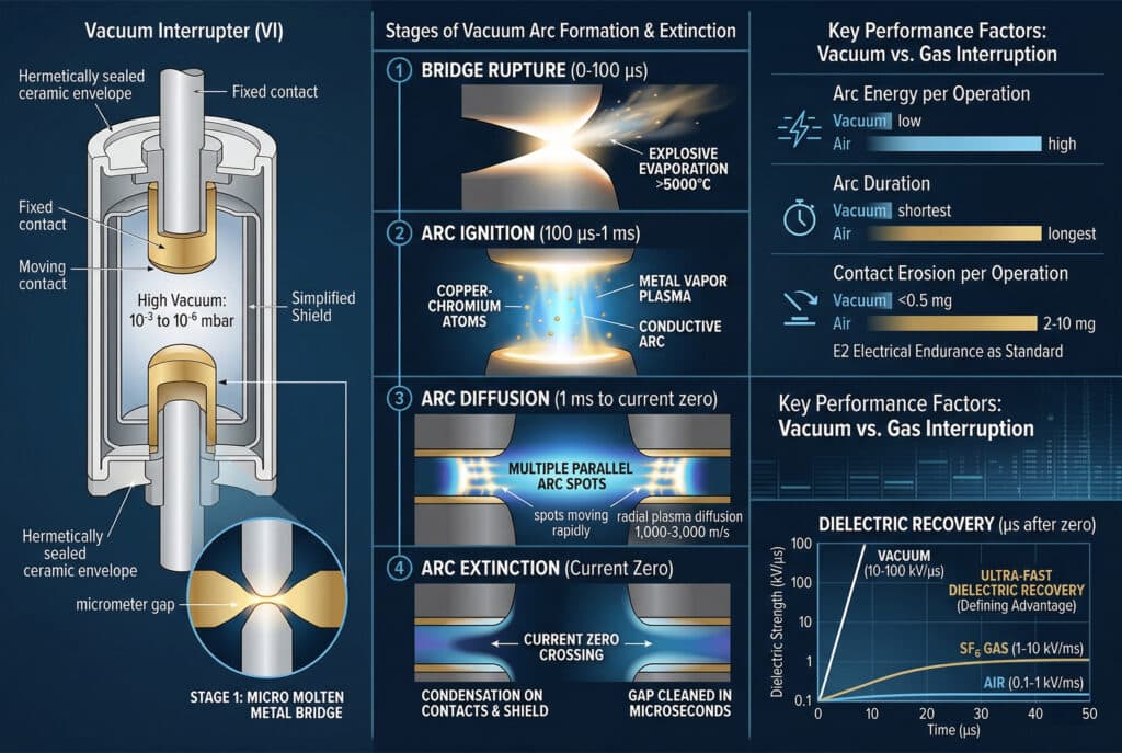 A technical infographic explaining the cutaway structure and the physics of the vacuum interrupter, which uses metal vapor plasma diffusion and leads to ultra-fast dielectric recovery. Key performance advantages are compared against gas interruption for electrical endurance.