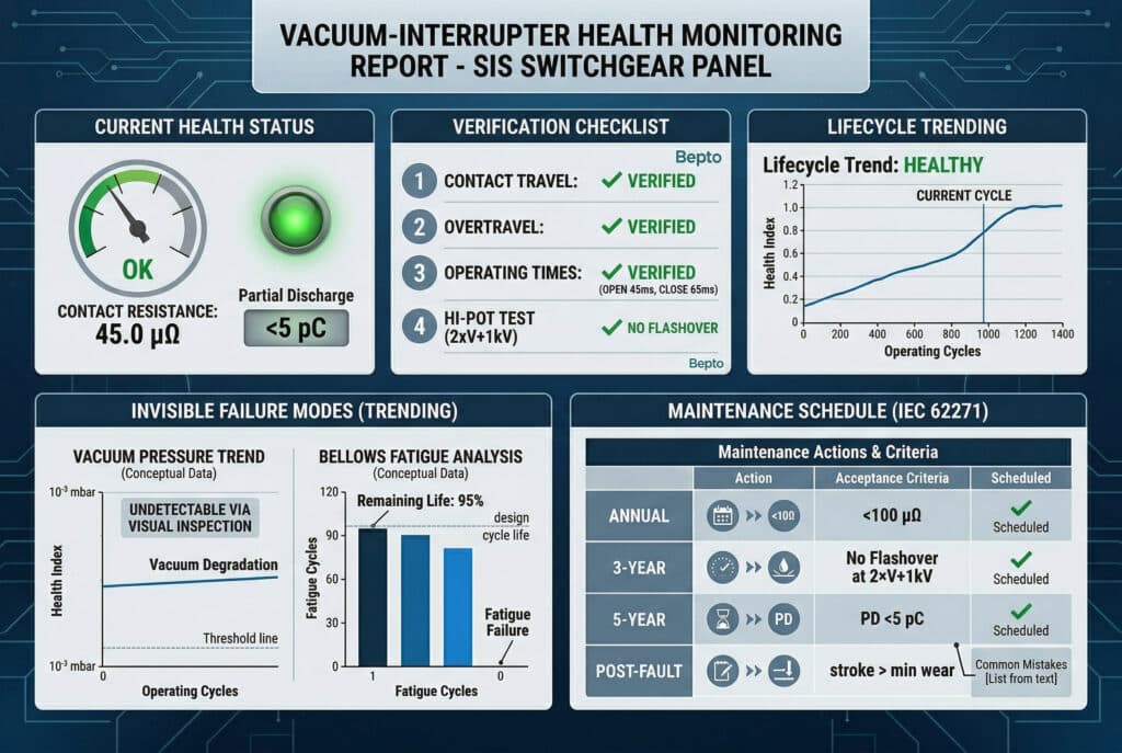 Vacuum interrupter health monitoring infographic for SIS switchgear panel, showing contact resistance 45 µΩ (OK) and partial discharge <5 pC, verified checklist (contact travel, overtravel, operating time, hi-pot no flashover), lifecycle health index trending to 1.0, vacuum degradation and bellows fatigue analysis charts, and IEC 62271 maintenance schedule with criteria <100 µΩ, PD <5 pC, no flashover and minimum stroke wear.