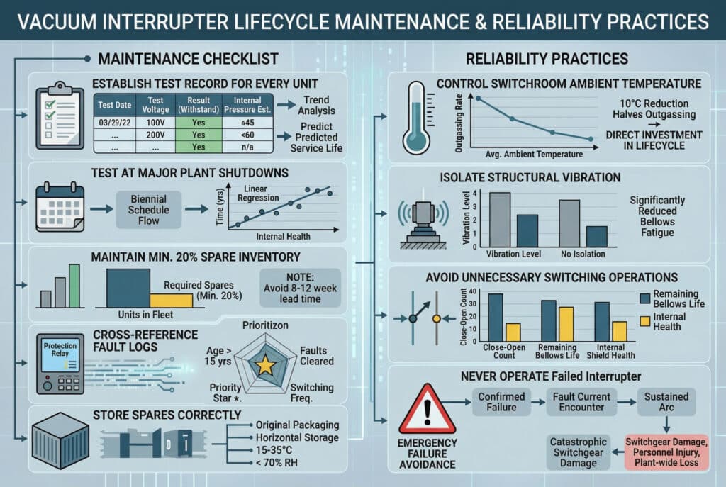 Современная инфографика с матрицей технических данных, построенная полностью из чистых линий, геометрических фигур, блоков данных, стилизованных иконок и текстовых меток, без каких-либо реалистичных изображений продуктов. В ней подробно описаны пять пунктов контрольного списка технического обслуживания слева и четыре практики надежности справа, а текст статьи переведен в чистую визуализацию данных, потоков процессов, диаграмм трендов, гистограмм и концептуальных диаграмм. Концепция кривой Пашена адаптирована в абстрактное сравнение данных. Предупреждение об отказе с красным треугольником подчеркивает критический характер правила 'Никогда не эксплуатировать неисправный интерруптер' с текстом 'Предотвращение аварийного отказа'.