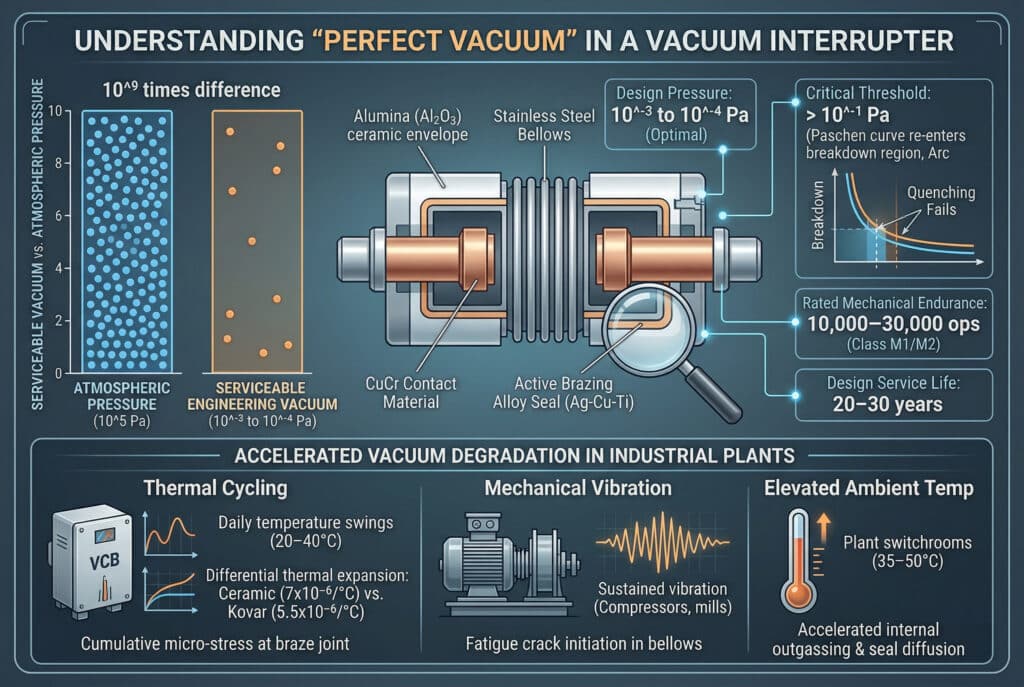 Высокоточная техническая инфографика, иллюстрирующая инженерное определение "идеального вакуума" в вакуумном прерывателе. Здесь представлена шкала сравнения между атмосферным и исправным техническим вакуумом, маркированное сечение прерывателя с указанием материалов компонентов (керамический алюминий, сильфон из нержавеющей стали, контакты CuCr, уплотнение Ag-Cu-Ti) и шкала пробоя давления с визуализацией кривой Пашена, показывающей критический порог в $10^{-1}$ Па. В нижнем разделе подробно описаны три иллюстрированных механизма ускоренной деградации вакуума в промышленных установках: термоциклирование, механическая вибрация и повышенная температура окружающей среды, с указанием конкретных точек данных и пиктограмм. Весь текст приведен с точностью до 100%.
