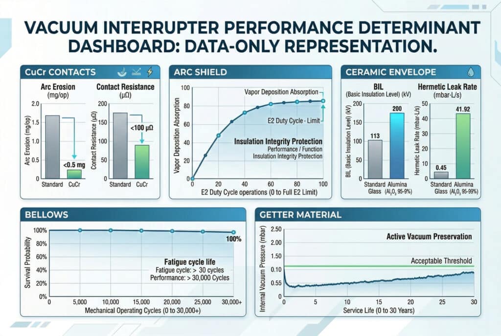A detailed data dashboard titled "VACUUM INTERRUPTER PERFORMANCE DETERMINANT DASHBOARD: DATA-ONLY REPRESENTATION." The image is divided into five main modules with distinct graphs and metrics. The "CuCr CONTACTS" module has two bar charts showing CuCr contacts have arc erosion less than 0.5 mg/op and contact resistance less than 100 µΩ, both significantly lower than standard. The "ARC SHIELD" module features a line graph showing decreasing vapor deposition absorption over an E2 Duty Cycle limit, mentioning insulation integrity protection. The "CERAMIC ENVELOPE" module compares standard glass and alumina, with alumina showing a BIL (Basic Insulation Level) of 200 kV and a hermetic leak rate of 41.92. The "BELLOWS" module includes a line graph showing a survival probability remaining at 100% over 30,000+ mechanical operating cycles, noting fatigue cycle life. The "GETTER MATERIAL" module displays a line graph showing internal vacuum pressure remaining below an acceptable threshold over a 30-year service life.