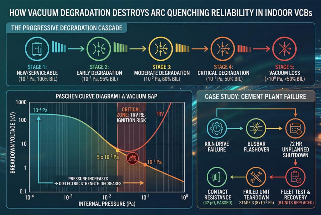 Современная техническая инфографика в виде разделенных панелей, иллюстрирующая каскад вакуумной деградации в внутреннем VCB. На верхней панели изображены пиктограммы пяти нисходящих стадий деградации от 'НОВЫЙ/СЕРВИСНЫЙ' до 'ПОТЕРЯ ВАКУУМА' с возрастающим внутренним давлением и уменьшающимися точками данных диэлектрической прочности. Главная центральная панель представляет собой большую подробную кривую Пашена для вакуумного зазора, на которой изображено напряжение пробоя в зависимости от внутреннего давления (логарифмическая шкала), отмечена начальная высокая прочность и вертикальная линия для 'КРИТИЧЕСКОЙ ЗОНЫ': Риск повторного воспламенения ТРВ' в диапазоне от 5 x 10^-2 Па до 10^-1 Па, показывающая превышение прочности ТРВ с красным значком повторного воспламенения. На правой нижней панели наглядно представлен пример из практики: Отказ цементного завода', используя блок-схему, начинающуюся с 'Отказа привода кильватера', 'Вспышки на шинах', 'Непредвиденного останова на 72 часа' и 'Отказ блока: этап 3 (8x10^-2 Па)', завершающуюся 'Испытанием и восстановлением флота (8 блоков заменены)'. Здесь явно противопоставляется 'сопротивление контакта (42 мкОм, пройдено)' и 'целостность вакуумной системы (пройдено)'. Крупный заголовок: 'КАК ДЕГРАДАЦИЯ ВАКУУМА УНИЧТОЖАЕТ НАДЕЖНОСТЬ АРК-КУЭНЧИНГА В ВНУТРЕННИХ ОБОРУДОВАНИЯХ'. Чистые границы и изысканное освещение.