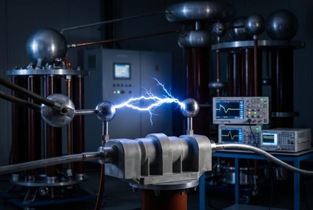 Kalıplanmış epoksi reçine (APG) orta gerilim yalıtım bileşenine odaklanan modern bir yüksek gerilim test laboratuvarı fotoğrafı, darbe üretim ekipmanından kaynaklanan görünür, güçlü bir yapay yıldırım deşarjına başarıyla dayanır. Bu, şebeke güvenilirliği için Yıldırım Darbe Dayanım Gerilimi (LIWV) doğrulamasının kritik kavramını görsel olarak temsil etmektedir.