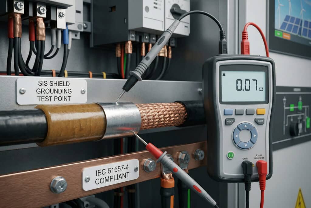 這張特寫照片顯示了連接至關鍵 SIS 屏蔽接地測試點的高精度數位微歐姆計。探針連接著，一個接在環氧樹脂封裝導體的嵌入式金屬屏蔽上，另一個則接在主要接地匯流排上。儀表螢幕清楚顯示成功讀取 "0.07 Ω"，表示符合 IEC 61557-4 低阻抗接地路徑驗證標準。整體的專業構圖展示了 SIS 安裝在具挑戰性的環境條件下所需的謹慎測試，並參考了文章的指引。.