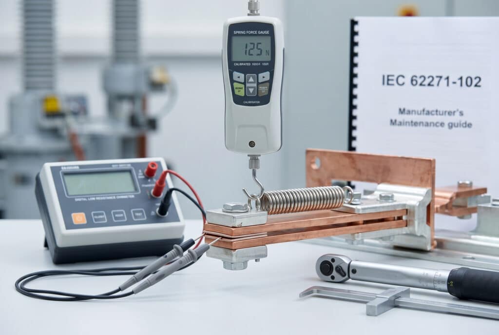 Eine detaillierte Nahaufnahme der Wartungsausrüstung an einer Mittelspannungs-Erdungsschalter-Kontaktbaugruppe. Ein kalibrierter digitaler Federkraftmesser misst die Federspannung mit einer sichtbaren Anzeige von "125 N". Daneben ist ein Mikroohmmeter zur Überprüfung des Kontaktwiderstands angeschlossen, was den Prozess der Einstellung und Überprüfung nach IEC-Normen in einer Werkstattumgebung veranschaulicht.
